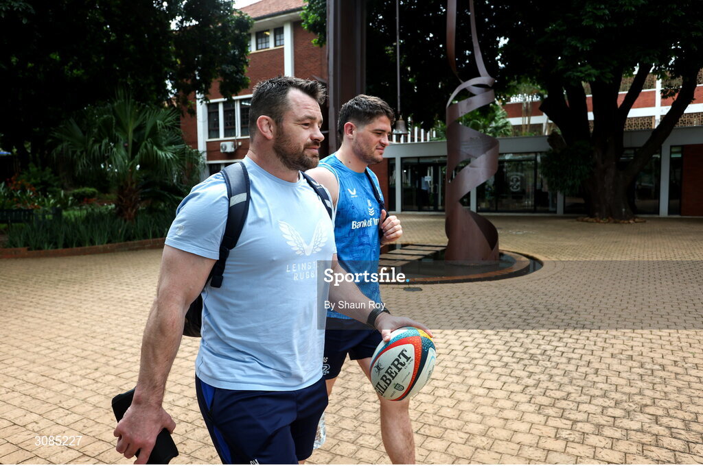 24 March 2025; Cian Healy, left, and Alex Soroka arrive for Leinster Rugby squad training at Northwood College in Durban, South Africa. Photo by Shaun Roy/Sportsfile