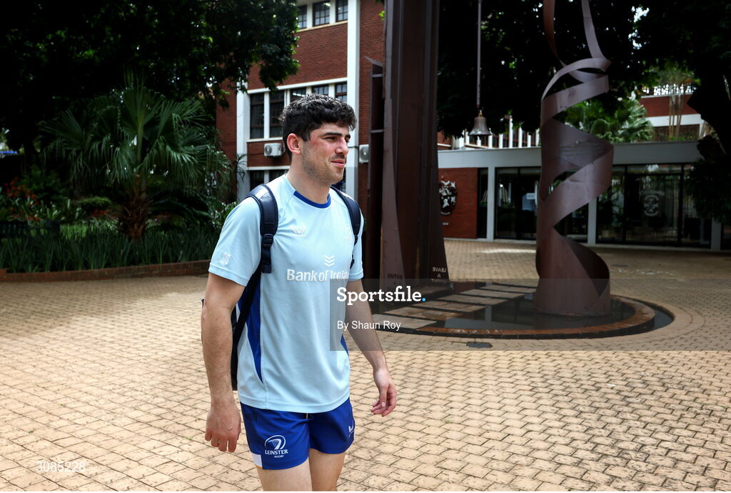 24 March 2025; Jimmy O'Brien arrive for Leinster Rugby squad training at Northwood College in Durban, South Africa. Photo by Shaun Roy/Sportsfile
