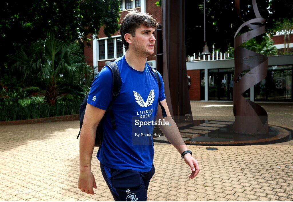 24 March 2025; Brian Deeny arrives for Leinster Rugby squad training at Northwood College in Durban, South Africa. Photo by Shaun Roy/Sportsfile