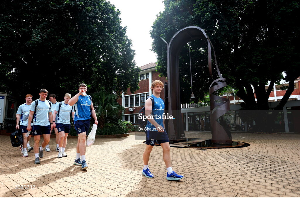 24 March 2025; Henry McErlean, right, Diarmuid Mangan and teammates arrive for Leinster Rugby squad training at Northwood College in Durban, South Africa. Photo by Shaun Roy/Sportsfile