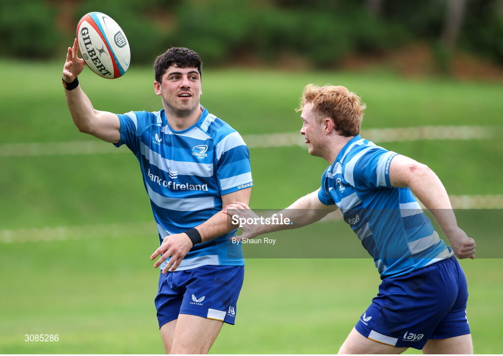 24 March 2025; Jimmy O'Brien, left, and Hugh Cooney during a Leinster Rugby squad training session at Northwood College in Durban, South Africa. Photo by Shaun Roy/Sportsfile