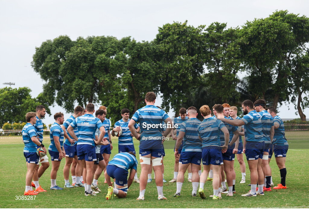 24 March 2025; The Leinster team huddle during squad training session at Northwood College in Durban, South Africa. Photo by Shaun Roy/Sportsfile