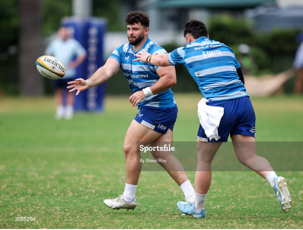 24 March 2025; Michael Milne, left, and Stephen Smyth during a Leinster Rugby squad training session at Northwood College in Durban, South Africa. Photo by Shaun Roy/Sportsfile
