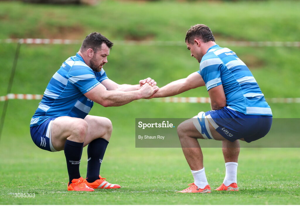 24 March 2025; Cian Healy, left, and Scott Penny during a Leinster Rugby squad training session at Northwood College in Durban, South Africa. Photo by Shaun Roy/Sportsfile