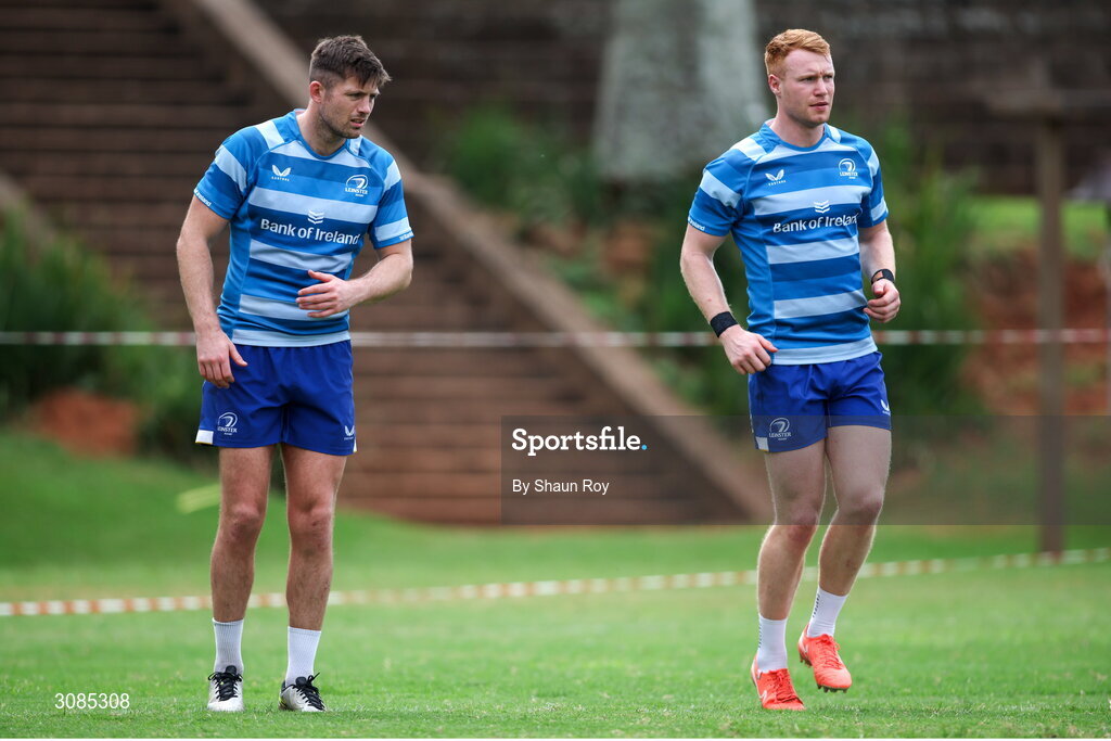 24 March 2025; Ross Byrne, left, and Ciarán Frawley during a Leinster Rugby squad training session at Northwood College in Durban, South Africa. Photo by Shaun Roy/Sportsfile