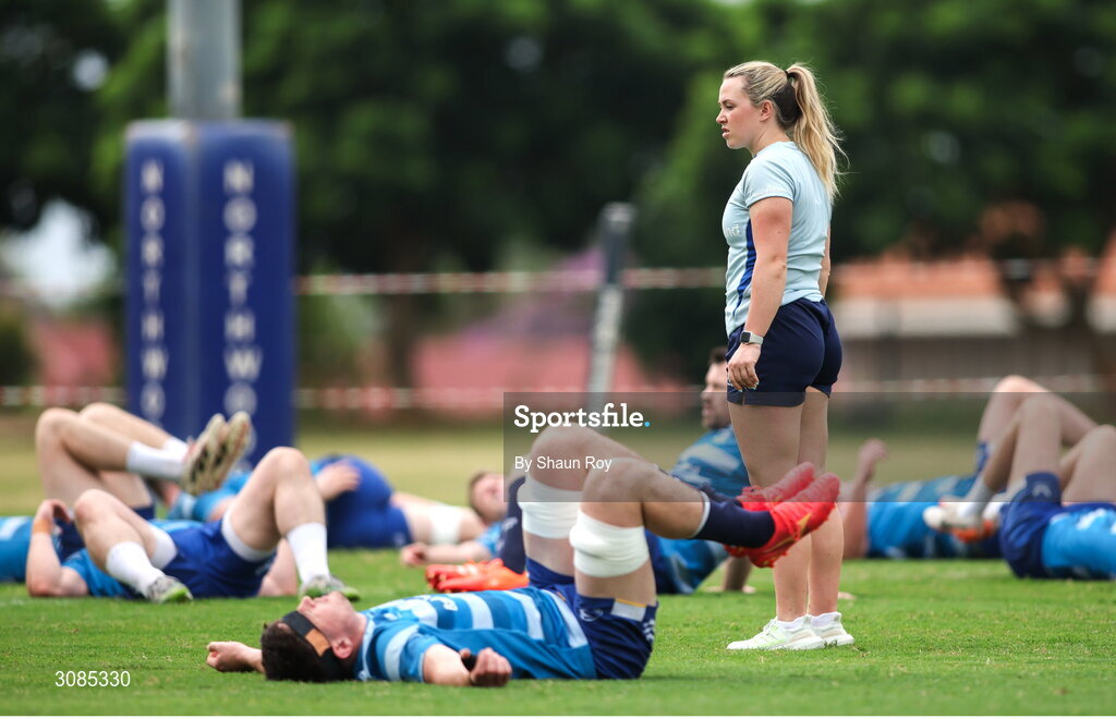 24 March 2025; Athletic performance intern Molly Sullivan during a Leinster Rugby squad training session at Northwood College in Durban, South Africa. Photo by Shaun Roy/Sportsfile