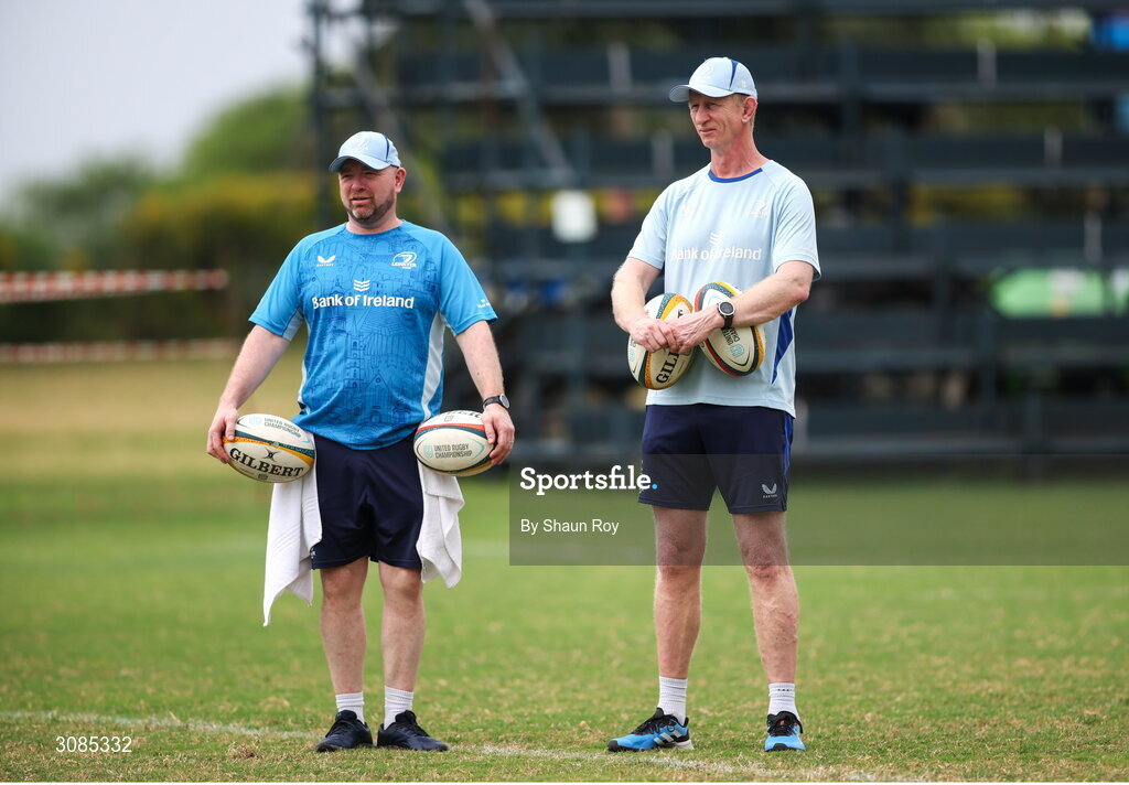 24 March 2025; Head coach Leo Cullen, right, and senior kitman Jim Bastick during a Leinster Rugby squad training session at Northwood College in Durban, South Africa. Photo by Shaun Roy/Sportsfile