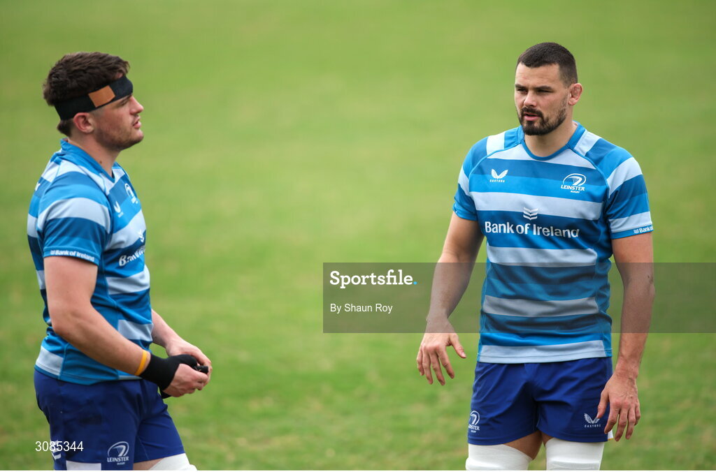 24 March 2025; Alex Soroka, left, and Max Deegan during a Leinster Rugby squad training session at Northwood College in Durban, South Africa. Photo by Shaun Roy/Sportsfile
