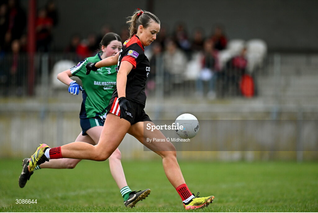 26 March 2025; Eabha O'Driscoll of Coláiste Muire Ennis shoots to score her side's first goal during the Lidl LGFA PPS All-Ireland Senior C final match between Bailieborough Community School of Cavan and Coláiste Muire of Clare at Geraldine Park in Athy, Kildare. Photo by Piaras Ó Mídheach/Sportsfile