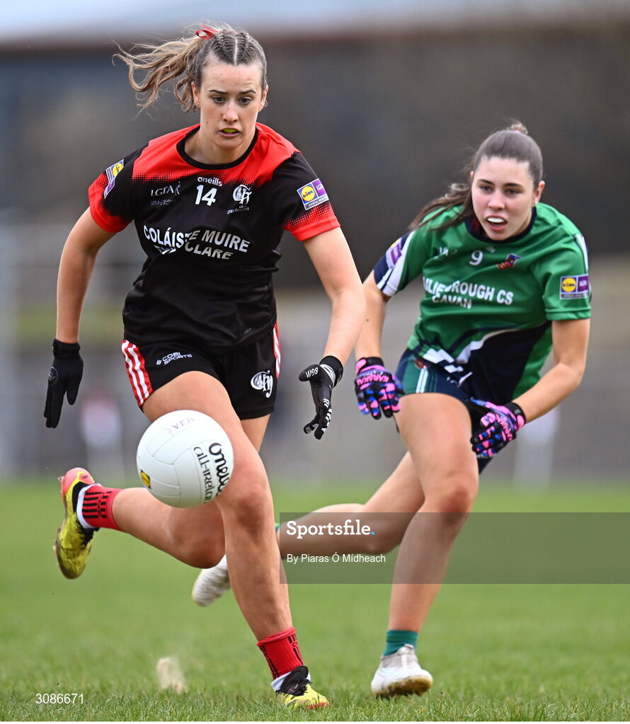 26 March 2025; Eabha O'Driscoll of Coláiste Muire Ennis in action against Cara McNicholl of Bailieborough Community School during the Lidl LGFA PPS All-Ireland Senior C final match between Bailieborough Community School of Cavan and Coláiste Muire of Clare at Geraldine Park in Athy, Kildare. Photo by Piaras Ó Mídheach/Sportsfile