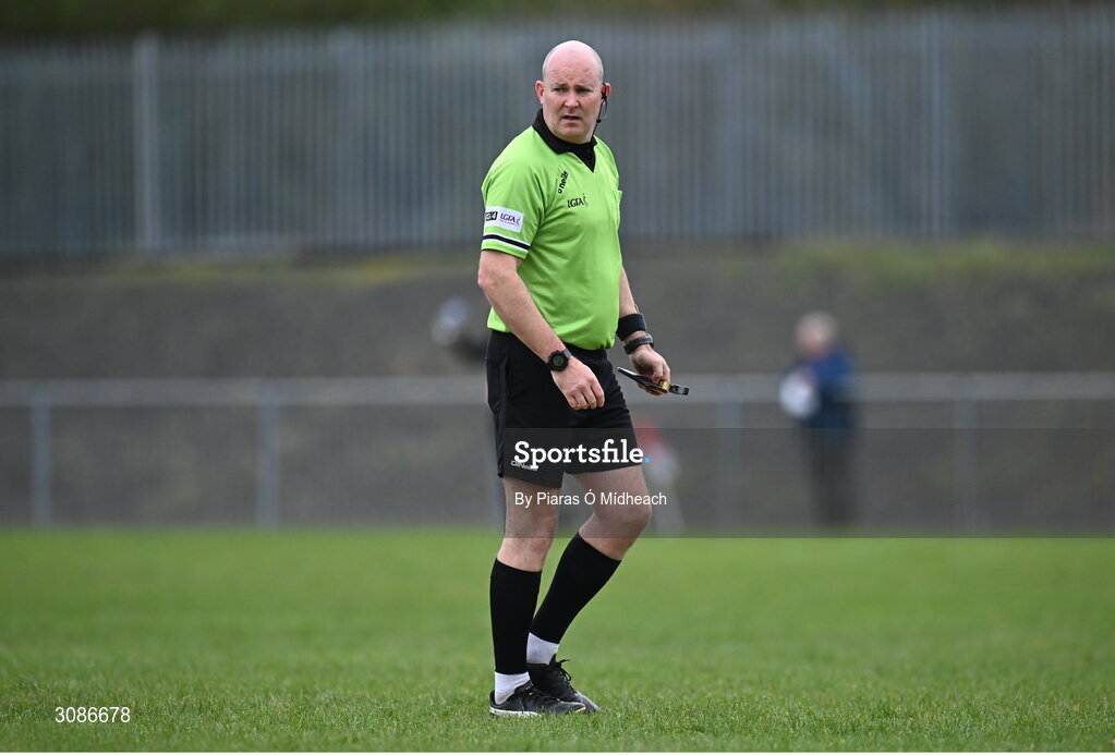 26 March 2025; Referee Shane Curley during the Lidl LGFA PPS All-Ireland Senior C final match between Bailieborough Community School of Cavan and Coláiste Muire of Clare at Geraldine Park in Athy, Kildare. Photo by Piaras Ó Mídheach/Sportsfile