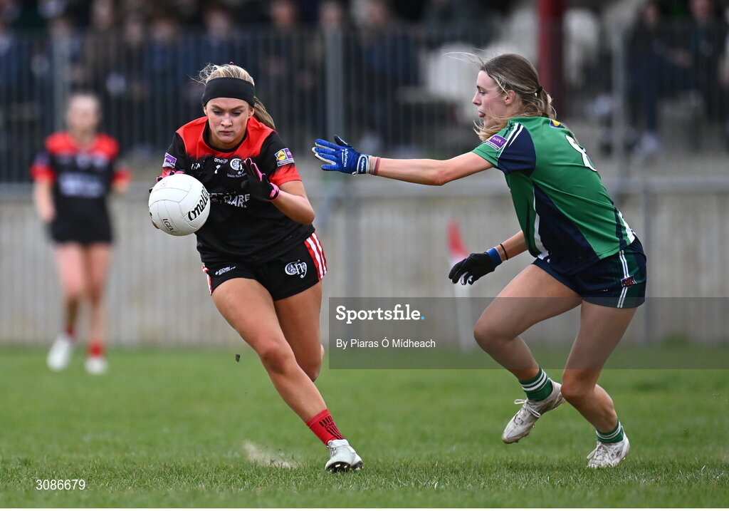 26 March 2025; Ria Meaney of Coláiste Muire Ennis in action against Gia McCabe of Bailieborough Community School during the Lidl LGFA PPS All-Ireland Senior C final match between Bailieborough Community School of Cavan and Coláiste Muire of Clare at Geraldine Park in Athy, Kildare. Photo by Piaras Ó Mídheach/Sportsfile
