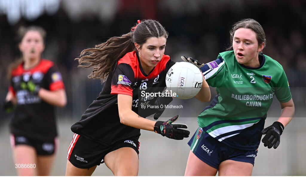 26 March 2025; Sadbh Griffin of Coláiste Muire Ennis in action against Caoimhe Clarke of Bailieborough Community School during the Lidl LGFA PPS All-Ireland Senior C final match between Bailieborough Community School of Cavan and Coláiste Muire of Clare at Geraldine Park in Athy, Kildare. Photo by Piaras Ó Mídheach/Sportsfile