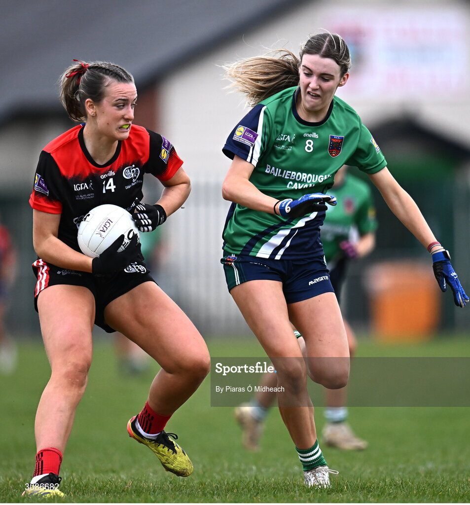 26 March 2025; Eabha O'Driscoll of Coláiste Muire Ennis in action against Gia McCabe of Bailieborough Community School during the Lidl LGFA PPS All-Ireland Senior C final match between Bailieborough Community School of Cavan and Coláiste Muire of Clare at Geraldine Park in Athy, Kildare. Photo by Piaras Ó Mídheach/Sportsfile