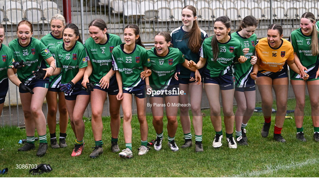 26 March 2025; Bailieborough Community School players celebrate after their side's victory in the Lidl LGFA PPS All-Ireland Senior C final match between Bailieborough Community School of Cavan and Coláiste Muire of Clare at Geraldine Park in Athy, Kildare. Photo by Piaras Ó Mídheach/Sportsfile
