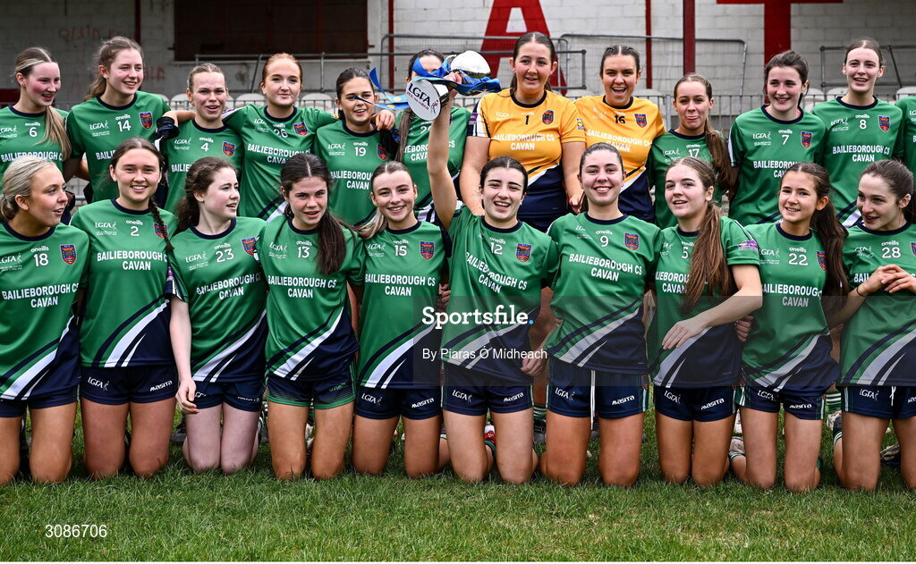 26 March 2025; Bailieborough Community School captain Ella Sheridan lifts the cup after her side's victory in the Lidl LGFA PPS All-Ireland Senior C final match between Bailieborough Community School of Cavan and Coláiste Muire of Clare at Geraldine Park in Athy, Kildare. Photo by Piaras Ó Mídheach/Sportsfile