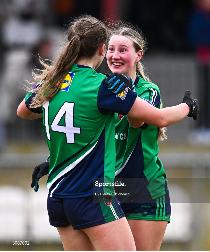 26 March 2025; Bailieborough Community School players Éadaoin Lynch, right, and Isabel McCullagh celebrate after their side's victory in the Lidl LGFA PPS All-Ireland Senior C final match between Bailieborough Community School of Cavan and Coláiste Muire of Clare at Geraldine Park in Athy, Kildare. Photo by Piaras Ó Mídheach/Sportsfile