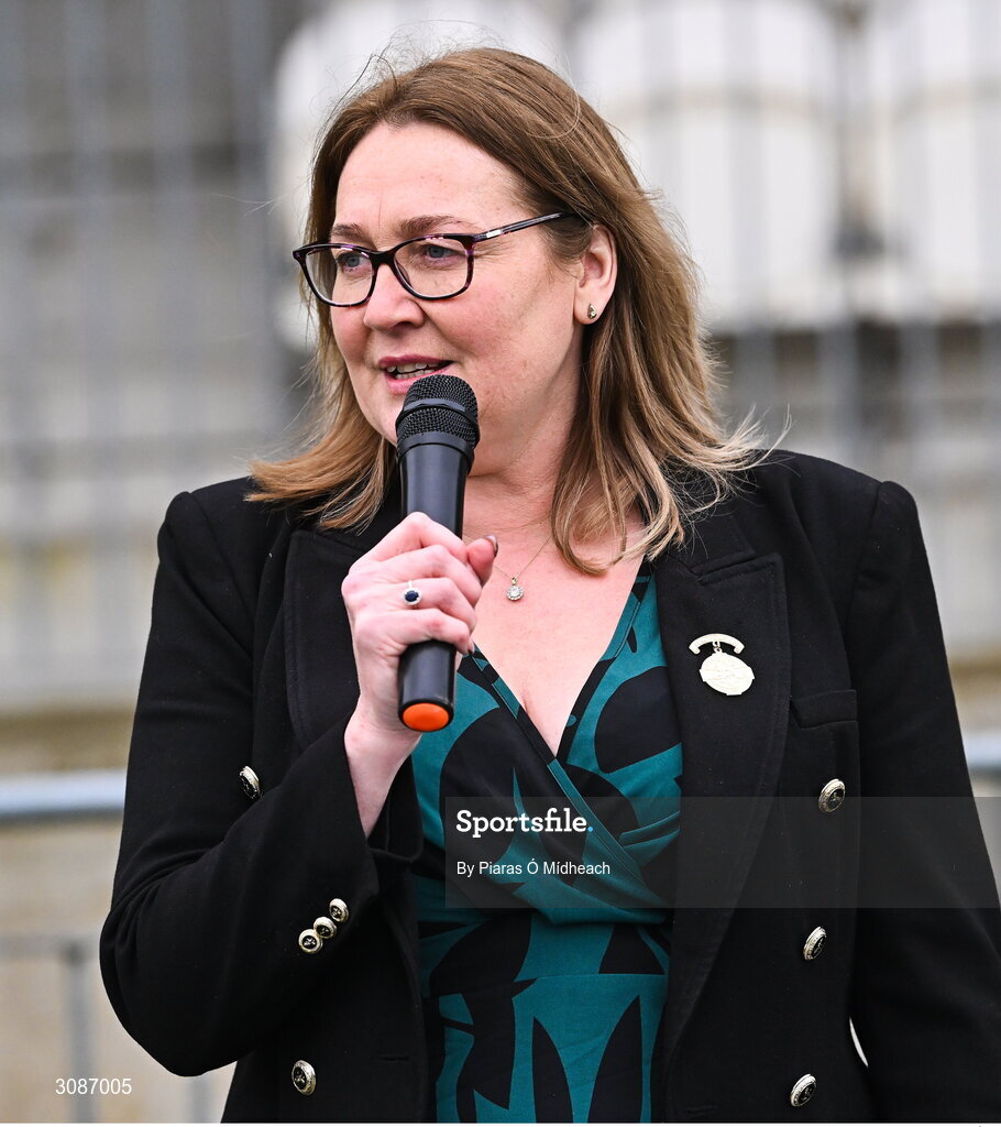 26 March 2025; LGFA President Trina Murray makes a speech after the Lidl LGFA PPS All-Ireland Senior C final match between Bailieborough Community School of Cavan and Coláiste Muire of Clare at Geraldine Park in Athy, Kildare. Photo by Piaras Ó Mídheach/Sportsfile