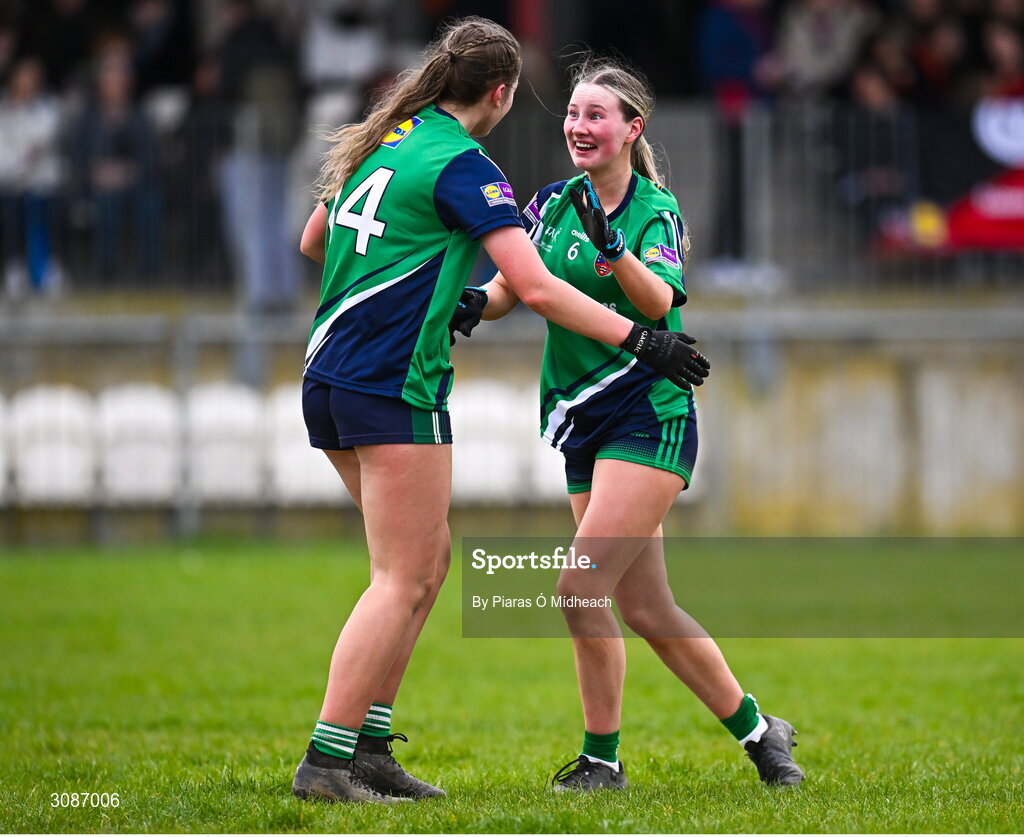 26 March 2025; Bailieborough Community School players Éadaoin Lynch, right, and Isabel McCullagh celebrate after their side's victory in the Lidl LGFA PPS All-Ireland Senior C final match between Bailieborough Community School of Cavan and Coláiste Muire of Clare at Geraldine Park in Athy, Kildare. Photo by Piaras Ó Mídheach/Sportsfile