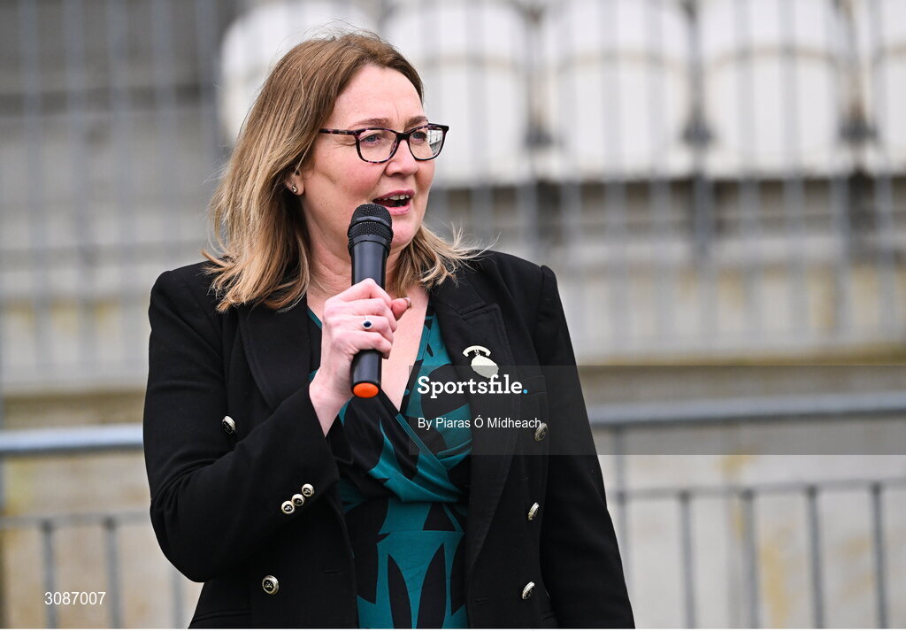 26 March 2025; LGFA President Trina Murray makes a speech after the Lidl LGFA PPS All-Ireland Senior C final match between Bailieborough Community School of Cavan and Coláiste Muire of Clare at Geraldine Park in Athy, Kildare. Photo by Piaras Ó Mídheach/Sportsfile