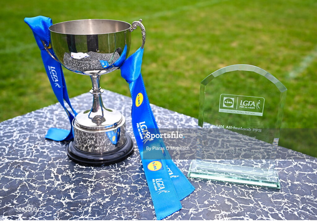 26 March 2025; A general view of the cup and the player of the match award at the Lidl LGFA PPS All-Ireland Senior C final match between Bailieborough Community School of Cavan and Coláiste Muire of Clare at Geraldine Park in Athy, Kildare. Photo by Piaras Ó Mídheach/Sportsfile