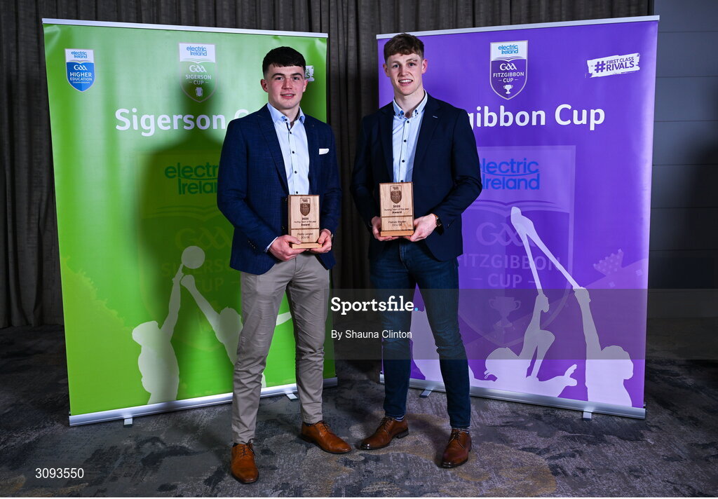 31 March 2025; DCU Dóchas Éireann players Paddy Langton, left, and Padraic Moylan with their Electric Ireland Higher Education GAA Football Rising Stars Player of the Year Award during the Electric Ireland Higher Education Rising Stars Awards at Castleknock Hotel in Dublin. Photo by Shauna Clinton/Sportsfile