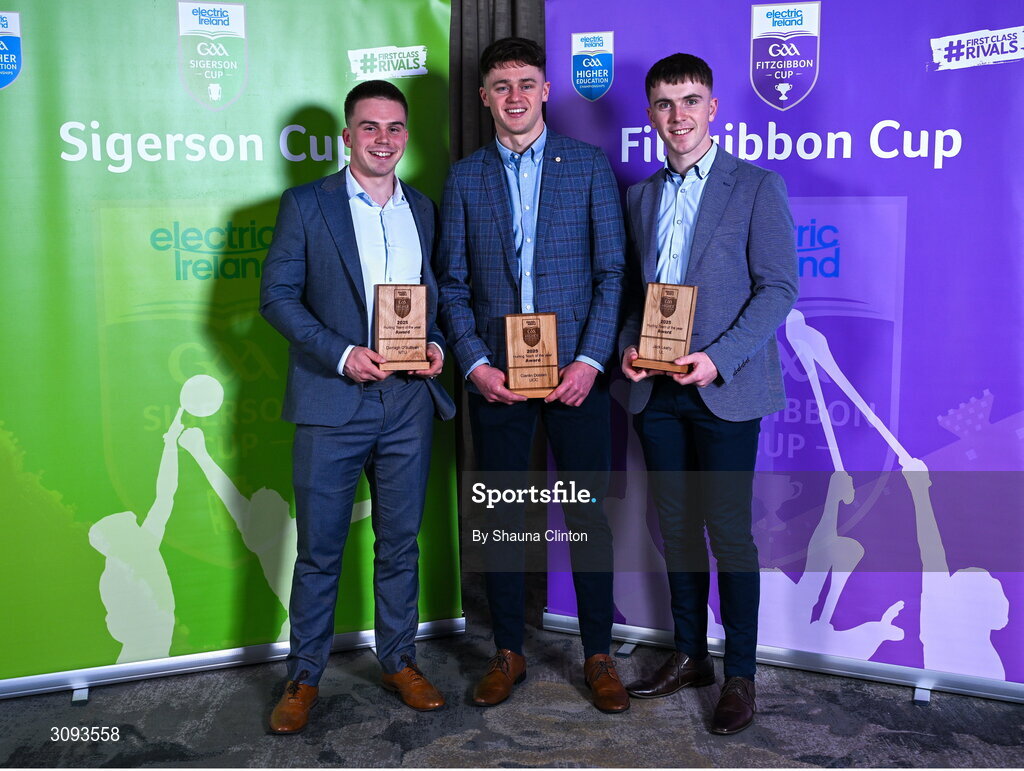 31 March 2025; Electric Ireland Higher Education GAA Hurling Rising Stars Player of the Year Award recipients, from left, Darragh O'Sullivan, Ciaran Doolin, and Jack Leahy during the Electric Ireland Higher Education Rising Stars Awards at Castleknock Hotel in Dublin. Photo by Shauna Clinton/Sportsfile