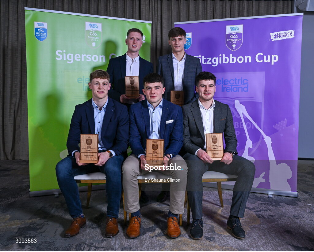 31 March 2025; DCU hurling players, back row, from left, Joe Flanagan and Jack Leahy, and front row, from left, Padraic Moylan, Paddy Langton and Cian Boran, with their 2025 Electric Ireland Higher Education GAA Hurling Rising Stars Team of the Year Award during the Electric Ireland Higher Education Rising Stars Awards at Castleknock Hotel in Dublin. Photo by Shauna Clinton/Sportsfile