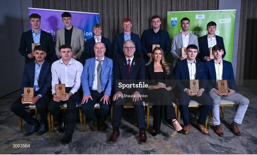 31 March 2025; Uachtarán Chumann Lúthchleas Gael Jarlath Burns, centre, alongside Higher Education GAA Chairperson Benny Hurl, centre left, and Electric Ireland Sponsorship Manager Sarah Gelletlie, centre right, with the 2025 Electric Ireland GAA Higher Education Rising Stars Football Team of the Year, back row, from left, Eoin Mc Evoy, Barry Mc Nulty, Cormac Egan, Ryan O’Toole, Killian Roche, Ciarán Caulfield and Bryan Masterson, and front row, from left, Fionnan O’Brien, Jordan Morris, Niall Carolan and Tom Prior during the Electric Ireland Higher Education Rising Stars Awards at Castleknock Hotel in Dublin. Photo by Shauna Clinton/Sportsfile