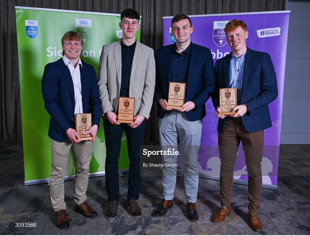 31 March 2025; University College Dublin players, from left, Cormac Egan, Barry McNulty, Killian Roche and Ryan O'Toole with their 2025 Electric Ireland Higher Education GAA Football Rising Stars Team of the Year Award during the Electric Ireland Higher Education Rising Stars Awards at Castleknock Hotel in Dublin. Photo by Shauna Clinton/Sportsfile