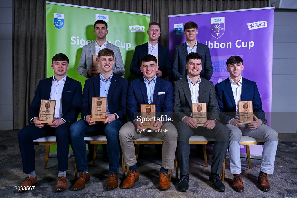 31 March 2025; DCU players, back row, from left, Ciarán Caulfield, Joe Flanagan and Jack Leahy, and front row, from left, Bryan Masterson, Padraic Moylan, Paddy Langton, Cian Boran and Tom Prior, with their 2025 Electric Ireland Higher Education GAA Hurling and Football Rising Stars Team of the Year Award during the Electric Ireland Higher Education Rising Stars Awards at Castleknock Hotel in Dublin. Photo by Shauna Clinton/Sportsfile