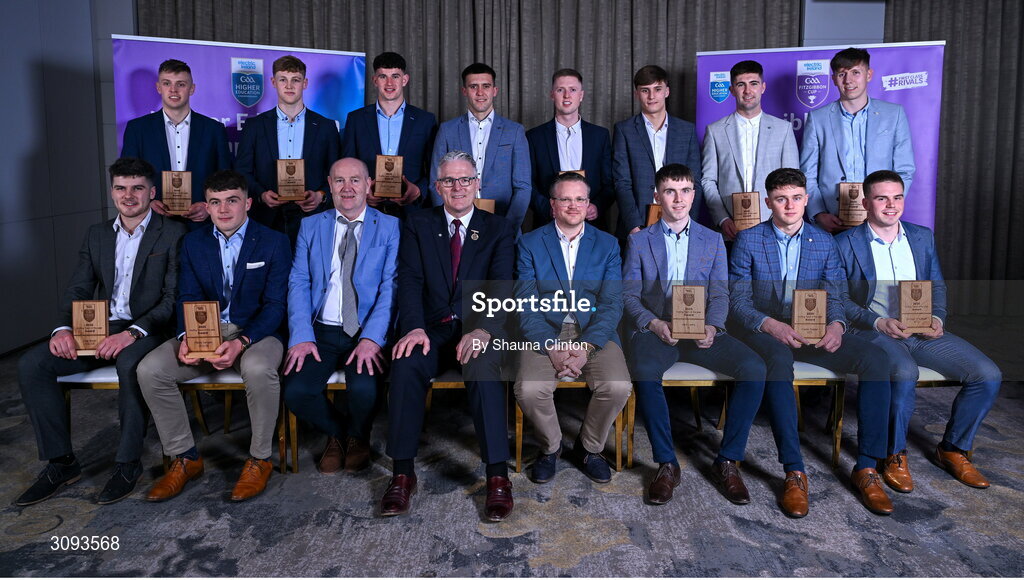 31 March 2025; Uachtarán Chumann Lúthchleas Gael Jarlath Burns, centre, alongside Higher Education GAA Chairperson Benny Hurl, centre left, and Electric Ireland Group Sponsorship & PR Manager Rob Crabbe, centre right, with the 2025 Electric Ireland GAA Higher Education Rising Stars Hurling Team of the Year, back row, from left, Daire O'Leary, Padraic Moylan, Colin Coughlan, Mark Fitzgearld, Joe Flanagan, Donal Shirley, Darach Fahy, Gearoid O'Connor, and front row, from left, Cian Boran, Paddy Langton, Jack Leahy, Ciaran Doolin and Dara O Sullivan during the Electric Ireland Higher Education Rising Stars Awards at Castleknock Hotel in Dublin. Photo by Shauna Clinton/Sportsfile