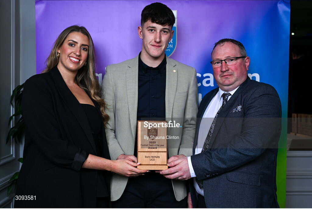31 March 2025; University College Dublin player Barry Mc Nulty, centre, is presented with his 2025 Electric Ireland Higher Education GAA Football Rising Stars Team of the Year award by Electric Ireland Sponsorship Manager Sarah Gelletlie, left, and Higher Education GAA Chairperson Benny Hurl during the Electric Ireland Higher Education Rising Stars Awards at Castleknock Hotel in Dublin. Photo by Shauna Clinton/Sportsfile