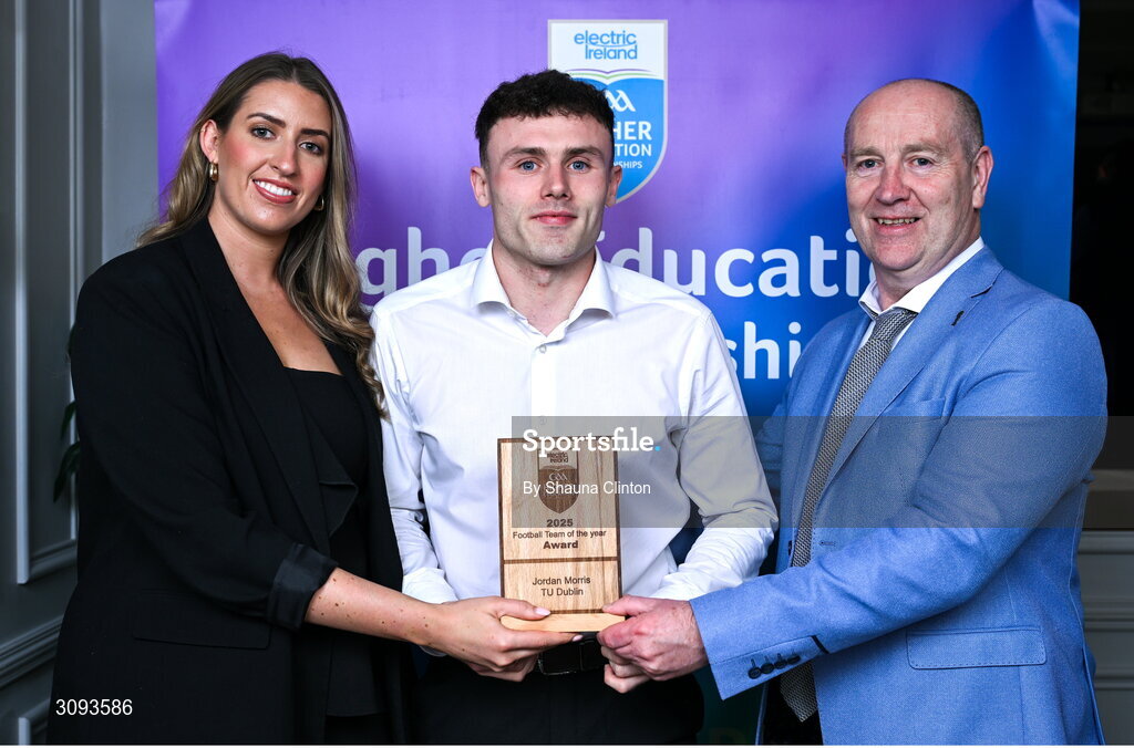 31 March 2025; Technological University Dublin Jordan Morris, centre, is presented with his 2025 Electric Ireland Higher Education GAA Football Rising Stars Team of the Year award by Electric Ireland Sponsorship Manager Sarah Gelletlie, left, and Higher Education GAA Chairperson Benny Hurl during the Electric Ireland Higher Education Rising Stars Awards at Castleknock Hotel in Dublin. Photo by Shauna Clinton/Sportsfile