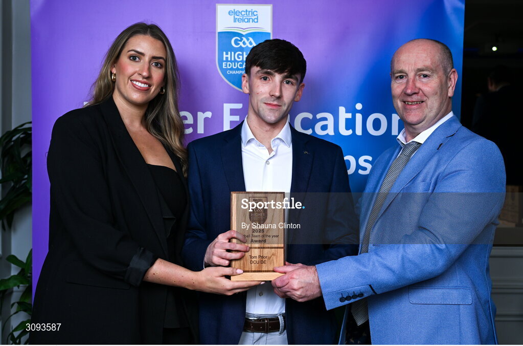 31 March 2025; DCU Dóchas Éireann player Tom Prior, centre, is presented with his 2025 Electric Ireland Higher Education GAA Football Rising Stars Team of the Year award by Electric Ireland Sponsorship Manager Sarah Gelletlie, left, and Higher Education GAA Chairperson Benny Hurl during the Electric Ireland Higher Education Rising Stars Awards at Castleknock Hotel in Dublin. Photo by Shauna Clinton/Sportsfile