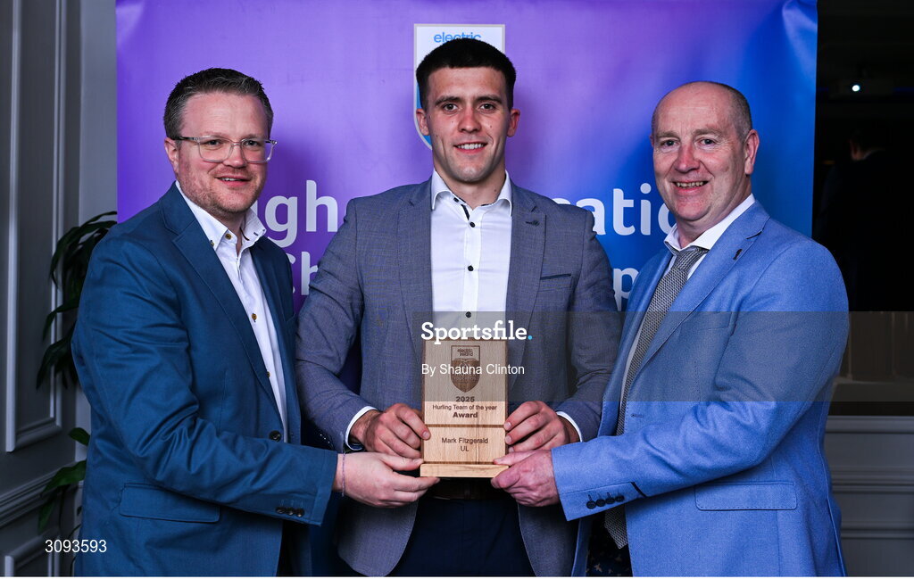 31 March 2025; University of Limerick player Mark Fitzgearld, centre, is presented with his 2025 Electric Ireland Higher Education GAA Hurling Rising Stars Team of the Year award by Electric Ireland Group Sponsorship & PR Manager Rob Crabbe, left, and Higher Education GAA Chairperson Benny Hurl during the Electric Ireland Higher Education Rising Stars Awards at Castleknock Hotel in Dublin. Photo by Shauna Clinton/Sportsfile