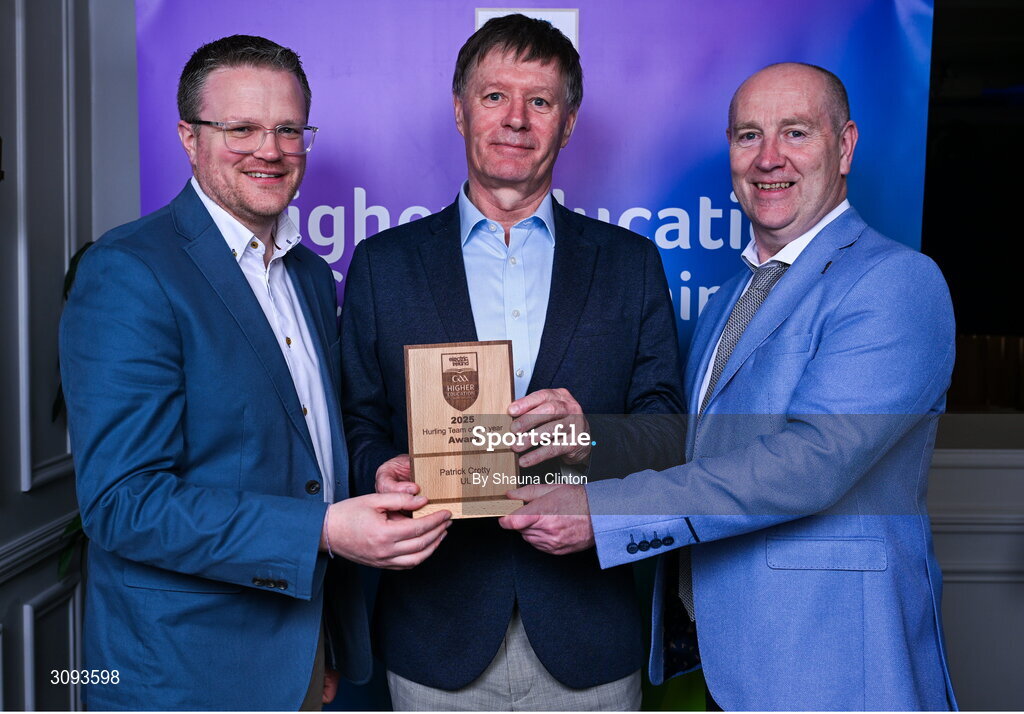 31 March 2025; University of Limerick manager Brian Ryan, centre, accepts the 2025 Electric Ireland Higher Education GAA Hurling Rising Stars Team of the Year award on behalf of University of Limerick player Patrick Crotty, not pictured, from Electric Ireland Group Sponsorship & PR Manager Rob Crabbe, left, and Higher Education GAA Chairperson Benny Hurl during the Electric Ireland Higher Education Rising Stars Awards at Castleknock Hotel in Dublin. Photo by Shauna Clinton/Sportsfile