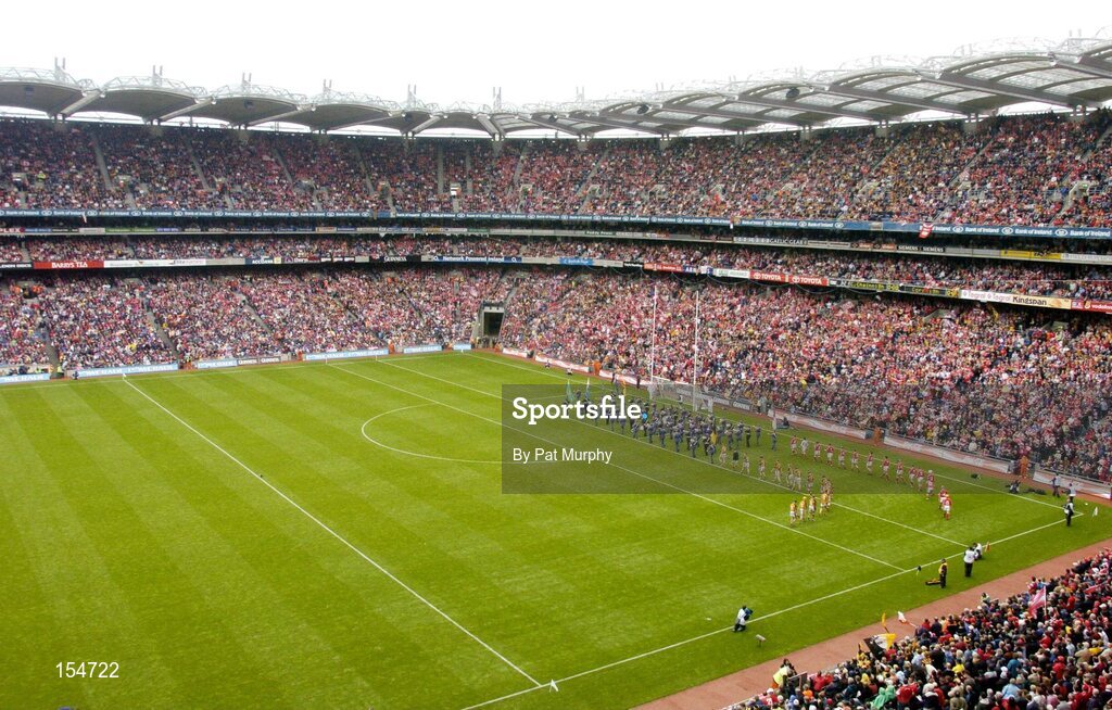 12 September 2004; A general view of Croke Park during the pre-match parade. Guinness All-Ireland Senior Hurling Championship Final, Cork v Kilkenny, Croke Park, Dublin. Picture credit; Pat Murphy / SPORTSFILE *** Local Caption *** Any photograph taken by SPORTSFILE during, or in connection with, the 2004 Guinness All-Ireland Hurling Final which displays GAA logos or contains an image or part of an image of any GAA intellectual property, or, which contains images of a GAA player/players in their playing uniforms, may only be used for editorial and non-advertising purposes.  Use of photographs for advertising, as posters or for purchase separately is strictly prohibited unless prior written approval has been obtained from the Gaelic Athletic Association.