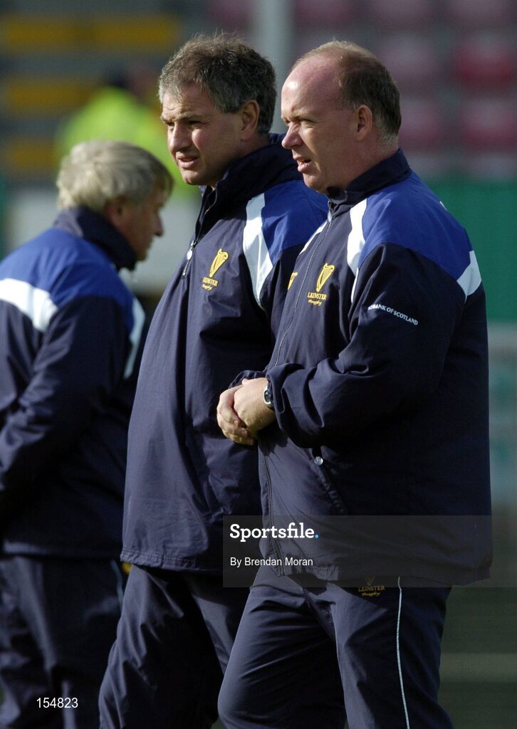 11 September 2004; Declan Kidney, Leinster coach, with forwards coach Bobby Byrne, left. Celtic League 2004-2005, Ulster v Leinster, Ravenhill Park, Belfast. Picture credit; Brendan Moran / SPORTSFILE