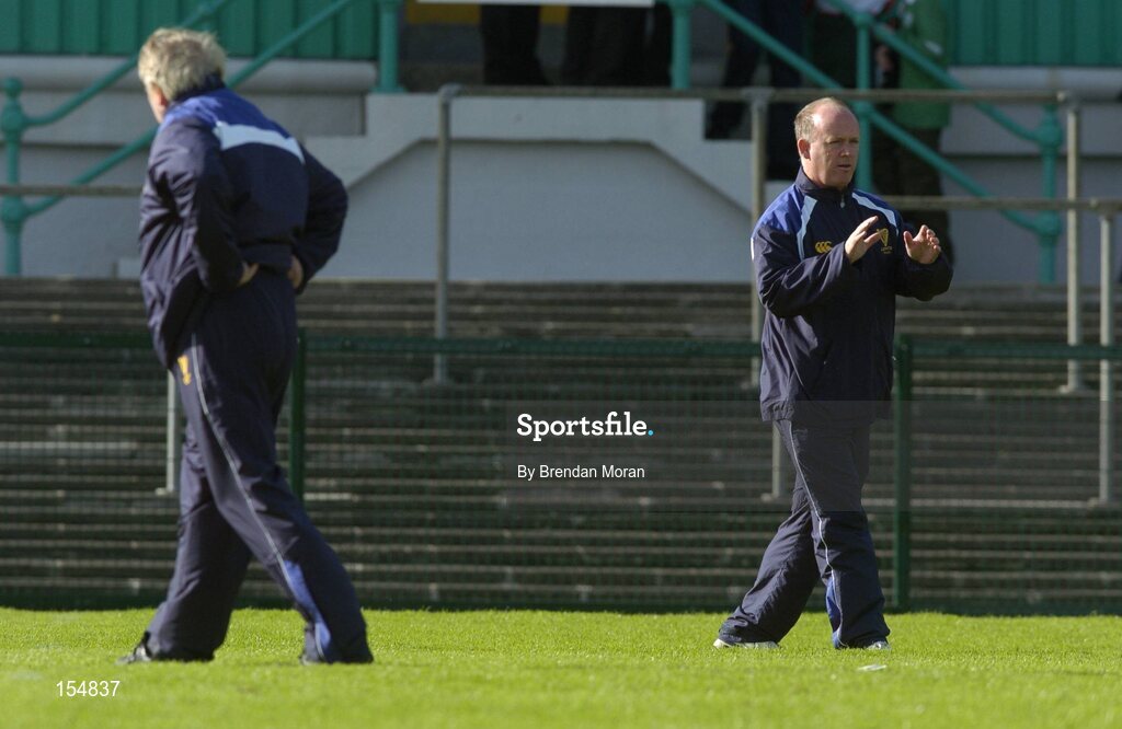 11 September 2004; Declan Kidney, Leinster coach, with assistant coach Gerry Murphy, left. Celtic League 2004-2005, Ulster v Leinster, Ravenhill Park, Belfast. Picture credit; Brendan Moran / SPORTSFILE