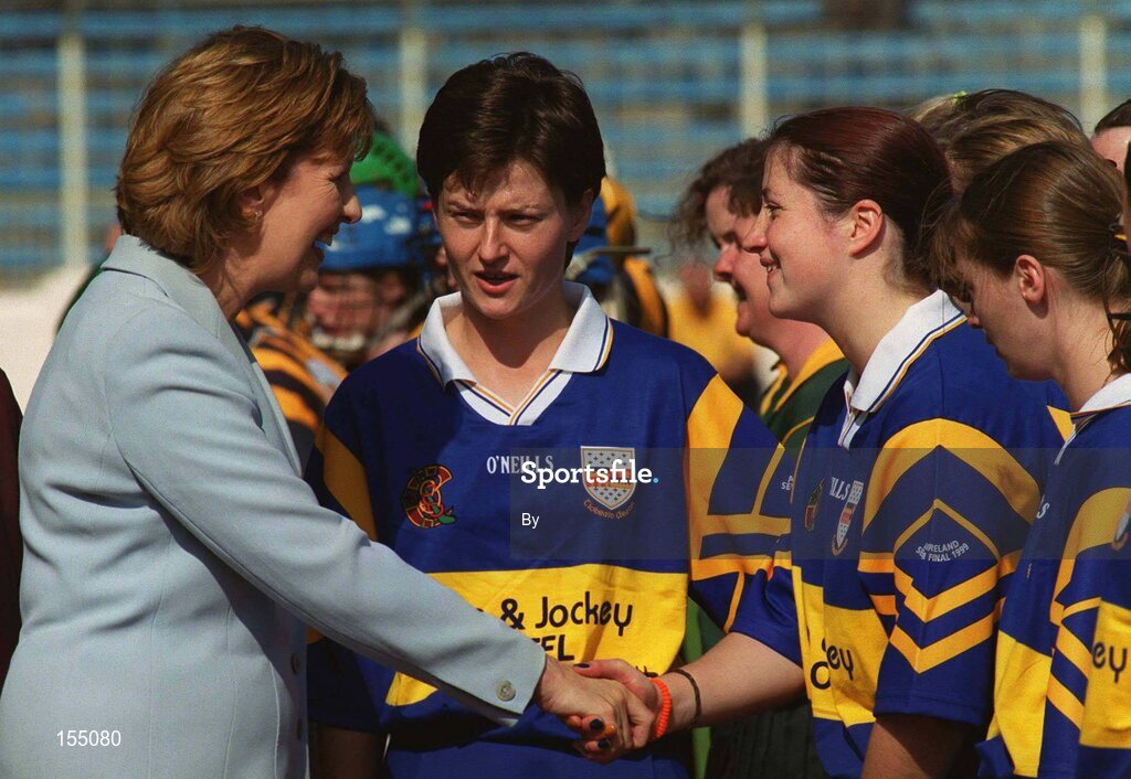 5 September 1999; President Mary McAleese is introduced to Tipperary's Ciara Gaynor by Tipperary Captain Meadbh Stokes. Tipperary v Kilkenny, All-Ireland Camogie Final, Croke Park, Dublin. Picture credit; Matt Browne/SPORTSFILE