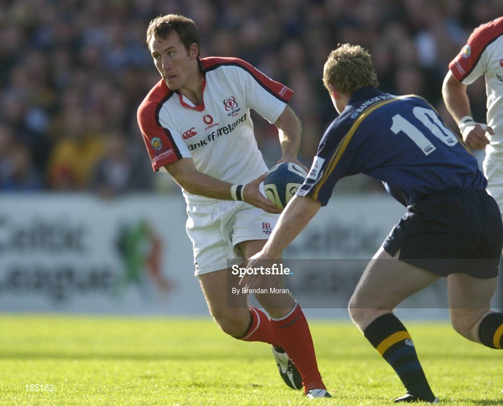 11 September 2004; Andrew Maxwell, Ulster, in action against David McAllister, Leinster. Celtic League 2004-2005, Ulster v Leinster, Ravenhill Park, Belfast. Picture credit; Brendan Moran / SPORTSFILE