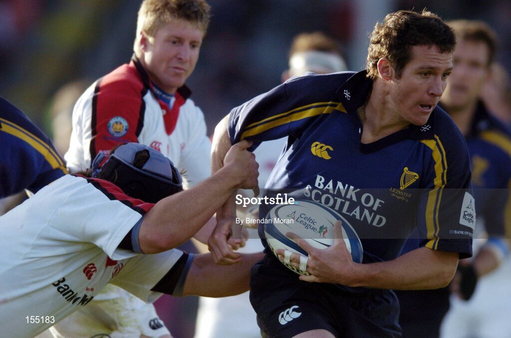 11 September 2004; Christian Warner, Leinster, in action against Paul Shields, Ulster. Celtic League 2004-2005, Ulster v Leinster, Ravenhill Park, Belfast. Picture credit; Brendan Moran / SPORTSFILE