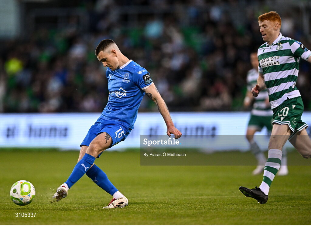 11 April 2025; Darragh Leahy of Waterford in action against Rory Gaffney of Shamrock Rovers during the SSE Airtricity Men's Premier Division match between Shamrock Rovers and Waterford at Tallaght Stadium in Dublin. Photo by Piaras Ó Mídheach/Sportsfile