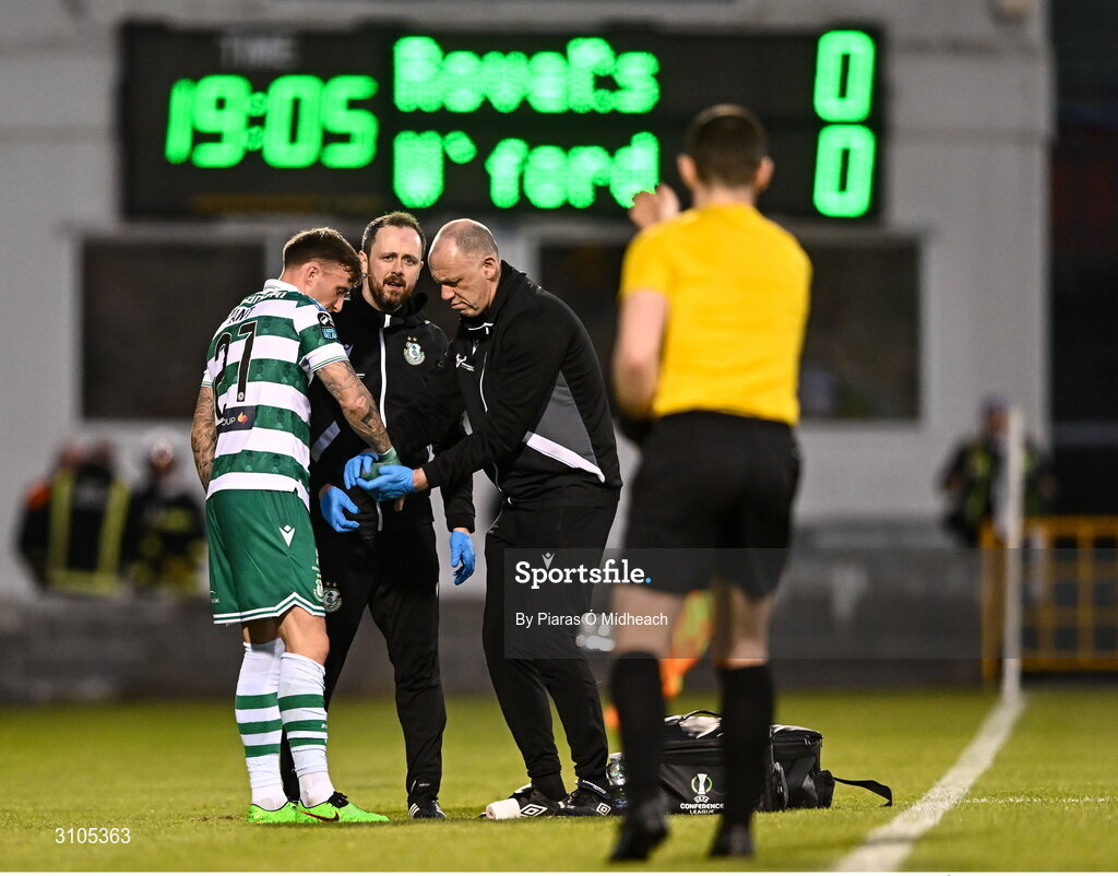 11 April 2025; Danny Grant of Shamrock Rovers receives medical attention for an injury during the SSE Airtricity Men's Premier Division match between Shamrock Rovers and Waterford at Tallaght Stadium in Dublin. Photo by Piaras Ó Mídheach/Sportsfile