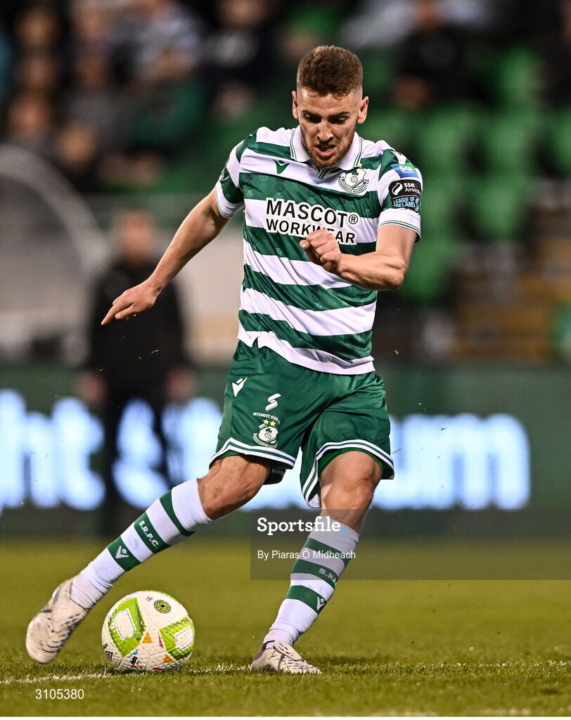 11 April 2025; Dylan Watts of Shamrock Rovers during the SSE Airtricity Men's Premier Division match between Shamrock Rovers and Waterford at Tallaght Stadium in Dublin. Photo by Piaras Ó Mídheach/Sportsfile