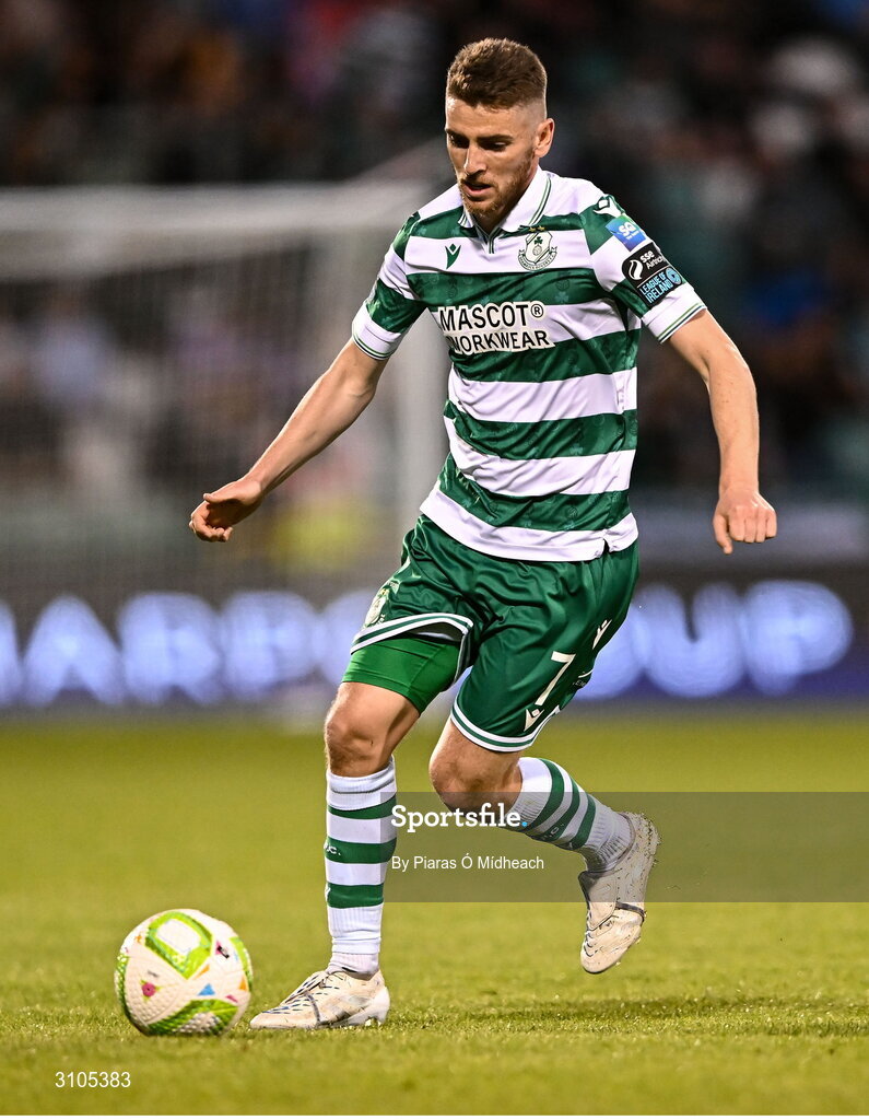 11 April 2025; Dylan Watts of Shamrock Rovers during the SSE Airtricity Men's Premier Division match between Shamrock Rovers and Waterford at Tallaght Stadium in Dublin. Photo by Piaras Ó Mídheach/Sportsfile