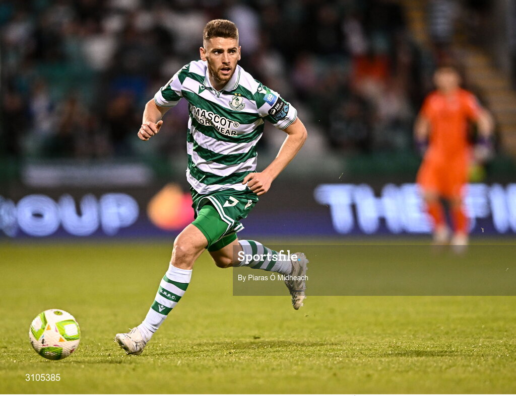 11 April 2025; Dylan Watts of Shamrock Rovers during the SSE Airtricity Men's Premier Division match between Shamrock Rovers and Waterford at Tallaght Stadium in Dublin. Photo by Piaras Ó Mídheach/Sportsfile