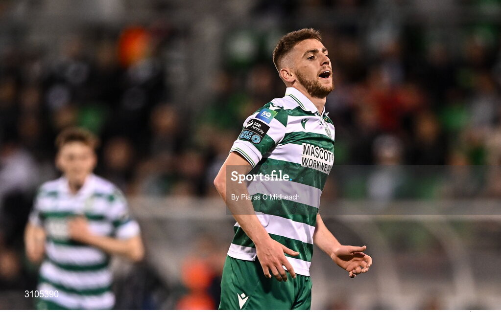 11 April 2025; Dylan Watts of Shamrock Rovers reacts after a missed chance during the SSE Airtricity Men's Premier Division match between Shamrock Rovers and Waterford at Tallaght Stadium in Dublin. Photo by Piaras Ó Mídheach/Sportsfile
