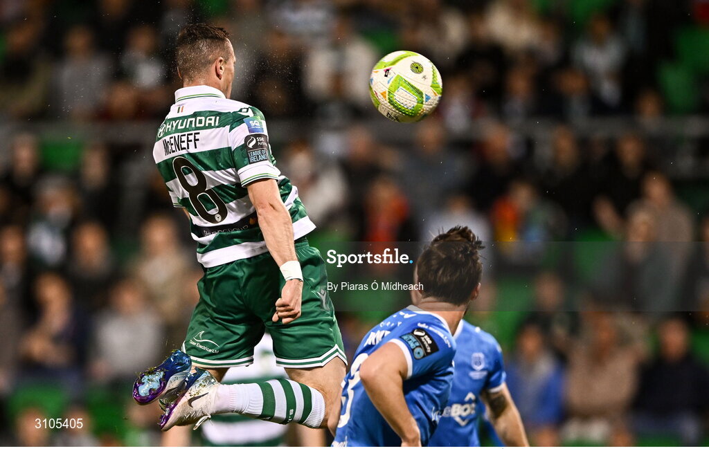 11 April 2025; Aaron McEneff of Shamrock Rovers scores his side's first goal during the SSE Airtricity Men's Premier Division match between Shamrock Rovers and Waterford at Tallaght Stadium in Dublin. Photo by Piaras Ó Mídheach/Sportsfile